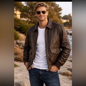Airborne Genuine Leather A-2 Style Bomber Jacket Brown Size L